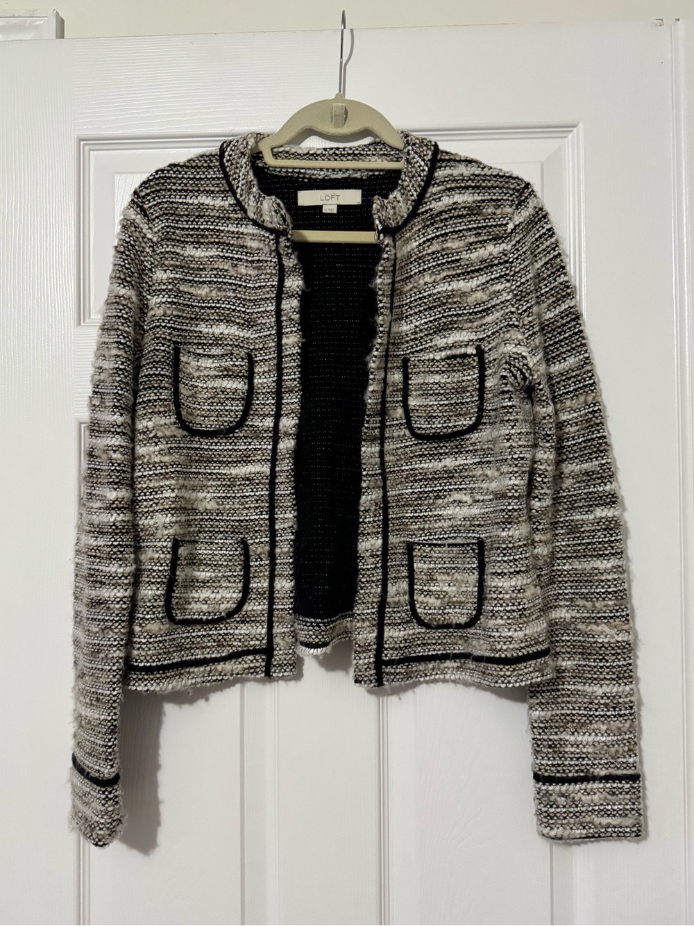 LOFT Black and White Marled Bouclé Open Cardigan Jacket